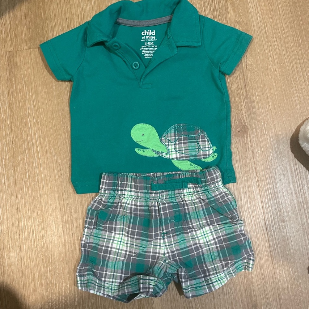 Carter's Green Polo with Turtle and Plaid Shorts